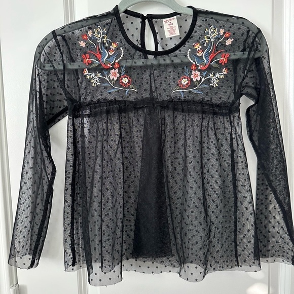 Arizona Jean Company Other - Arizona Jean Company Girls Polka Dot Sheer Blouse with Floral/BirdEmbroidery